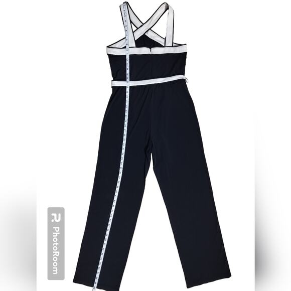 Ann Taylor Navy Blue White Belted Sleeveless Straight Leg Casual Jumpsuit Size 8 - Picture 10 of 14